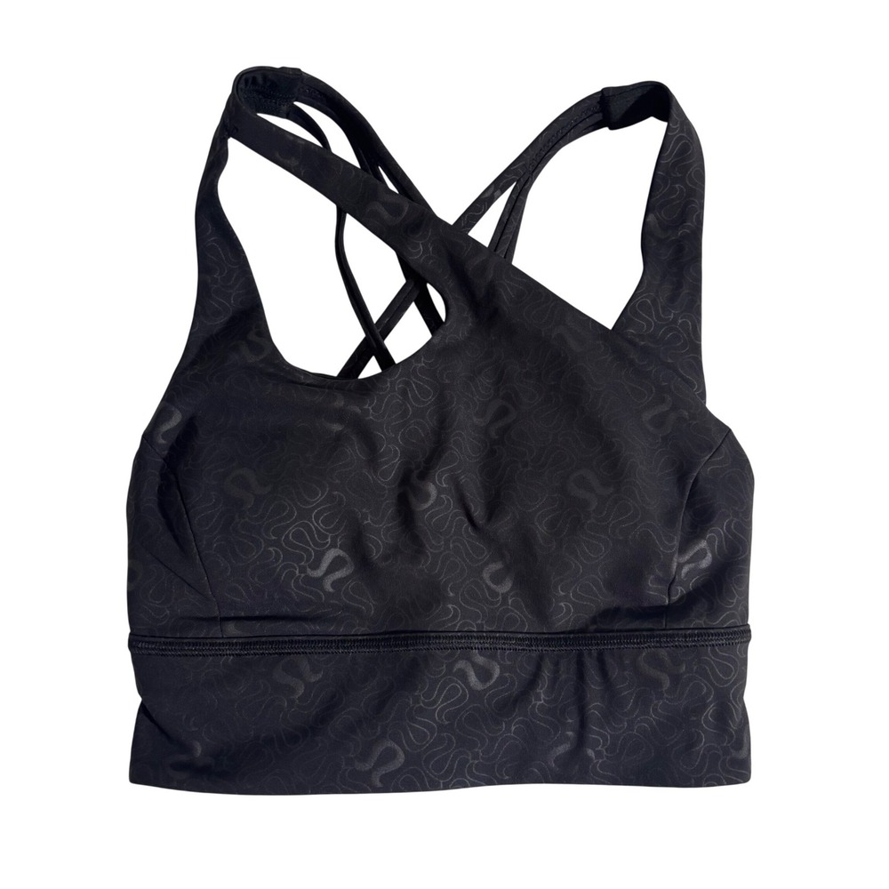 Lululemon RARE Free To Be Serene Bra Long Line Black Logo Swirl Embossed Size 2
